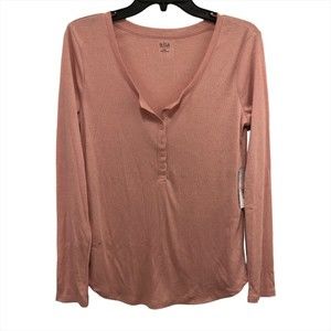 Ana Brand Dusky Pink Long Sleeve Ribbed Top M V-Neck 1/2 Button Front Henley NWT